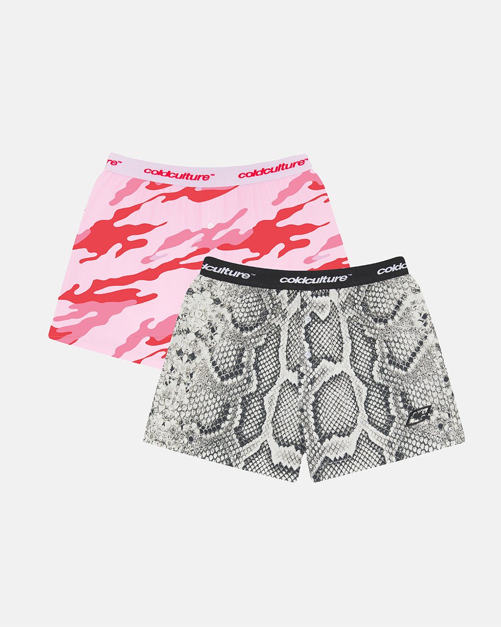 WILD CAMO & SNAKE BOXERS - camo and snake print boxers, flat lay with matching pieces - Cold Culture #packshot