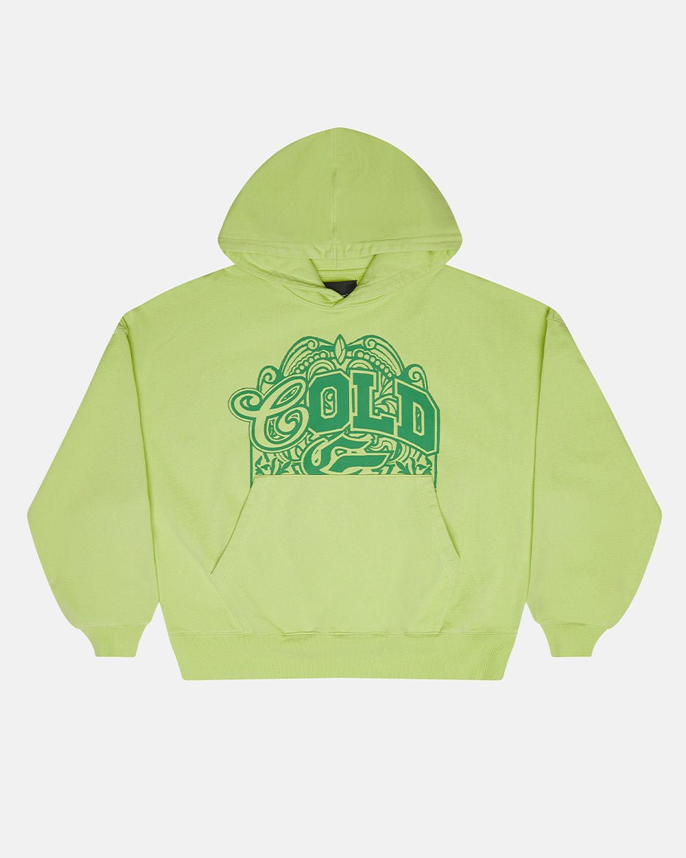 WILD HOODIE GREEN - lime green graphic print hoodie, front view - Cold Culture #packshot