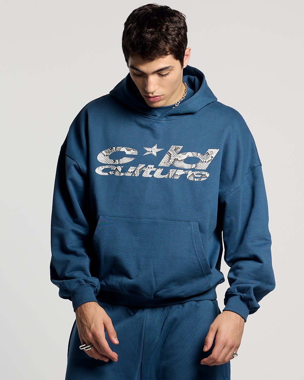 WILD SNAKE HOODIE NAVY BLUE - navy blue graphic print hoodie, front view on male model - Cold Culture #man