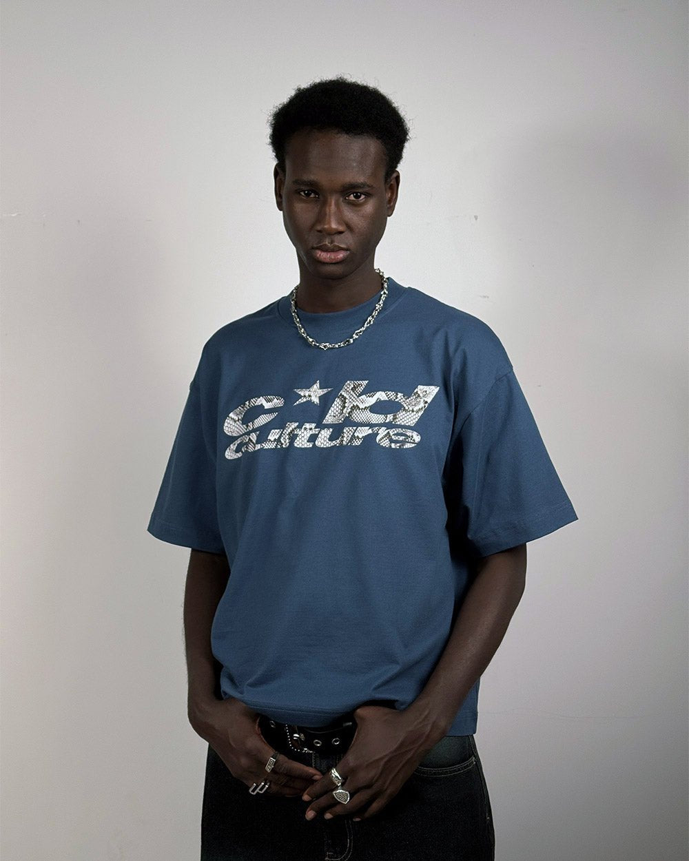 WILD SNAKE TEE NAVY BLUE - navy blue graphic tee, front view on male model - Cold Culture #man