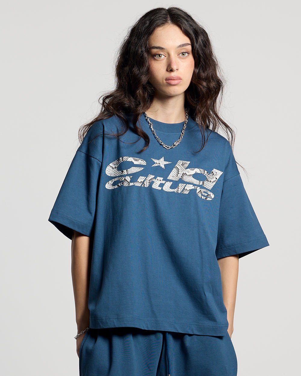 WILD SNAKE TEE NAVY BLUE - navy blue graphic tee, front view on female model - Cold Culture #woman