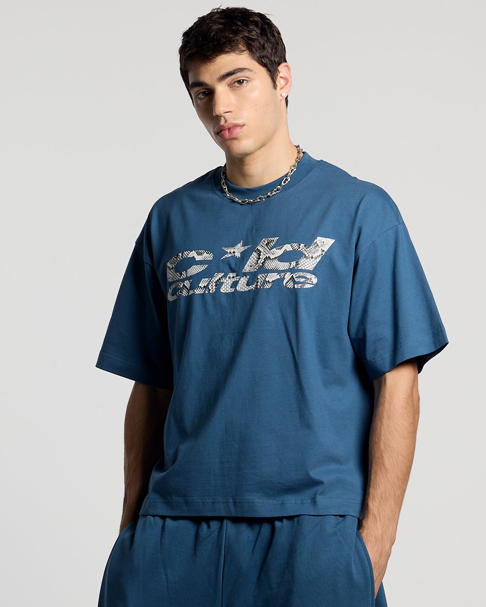 WILD SNAKE TEE NAVY BLUE - navy blue graphic tee, front view on male model - Cold Culture #man