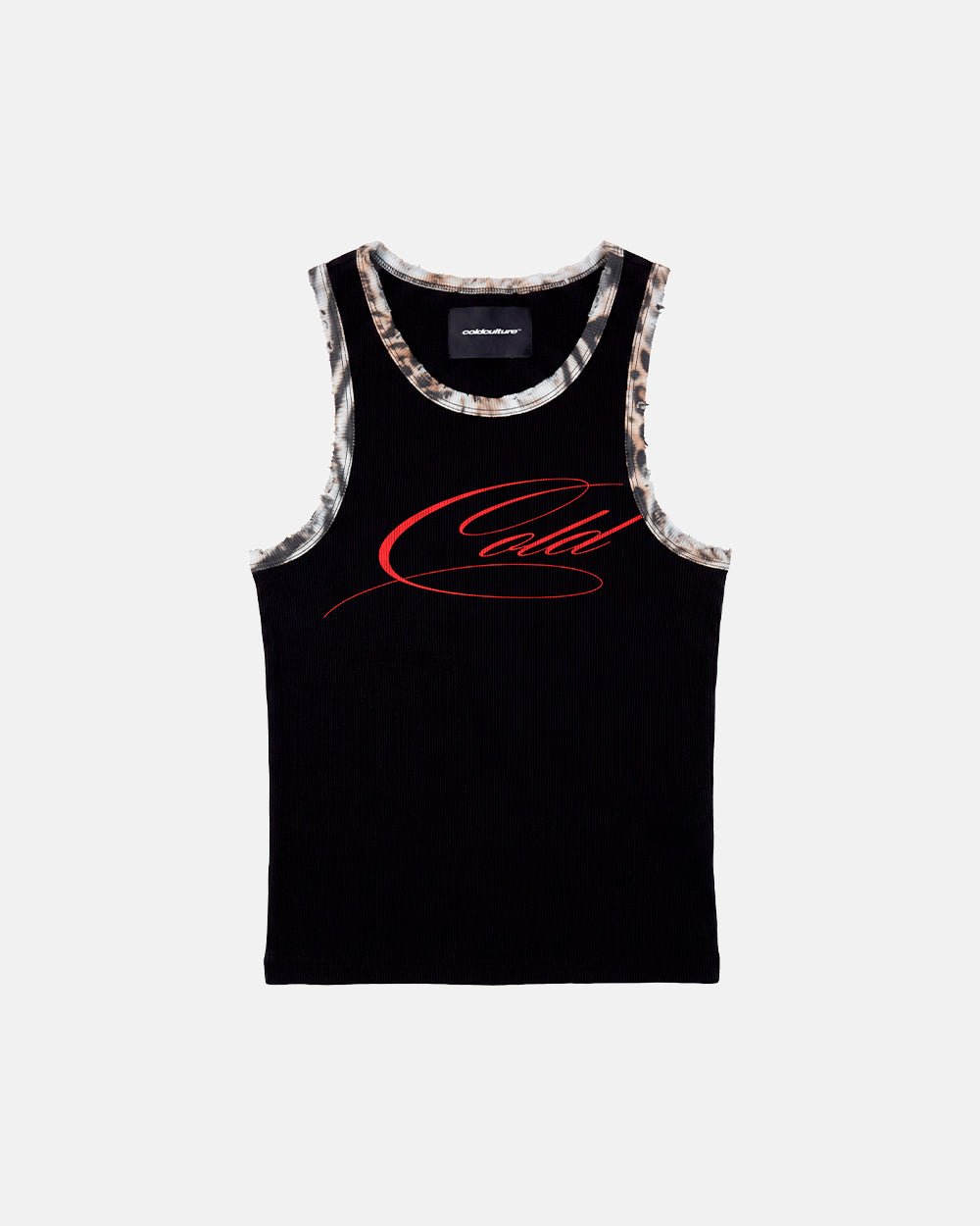 WILD TANK TOP BLACK - black leopard trim tank top, front view - Cold Culture #packshot