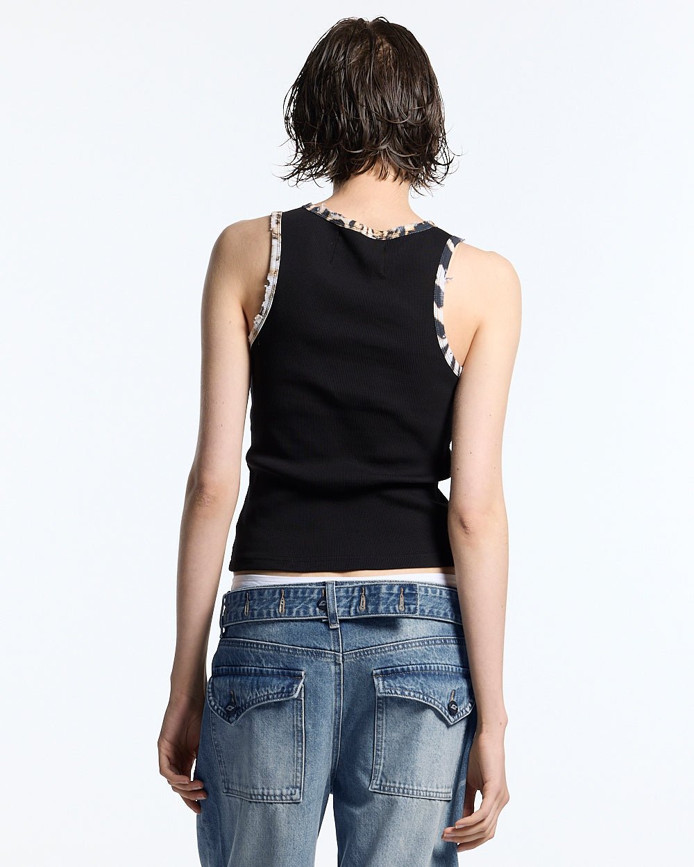 WILD TANK TOP BLACK - black leopard trim tank top, back view on female model - Cold Culture #woman