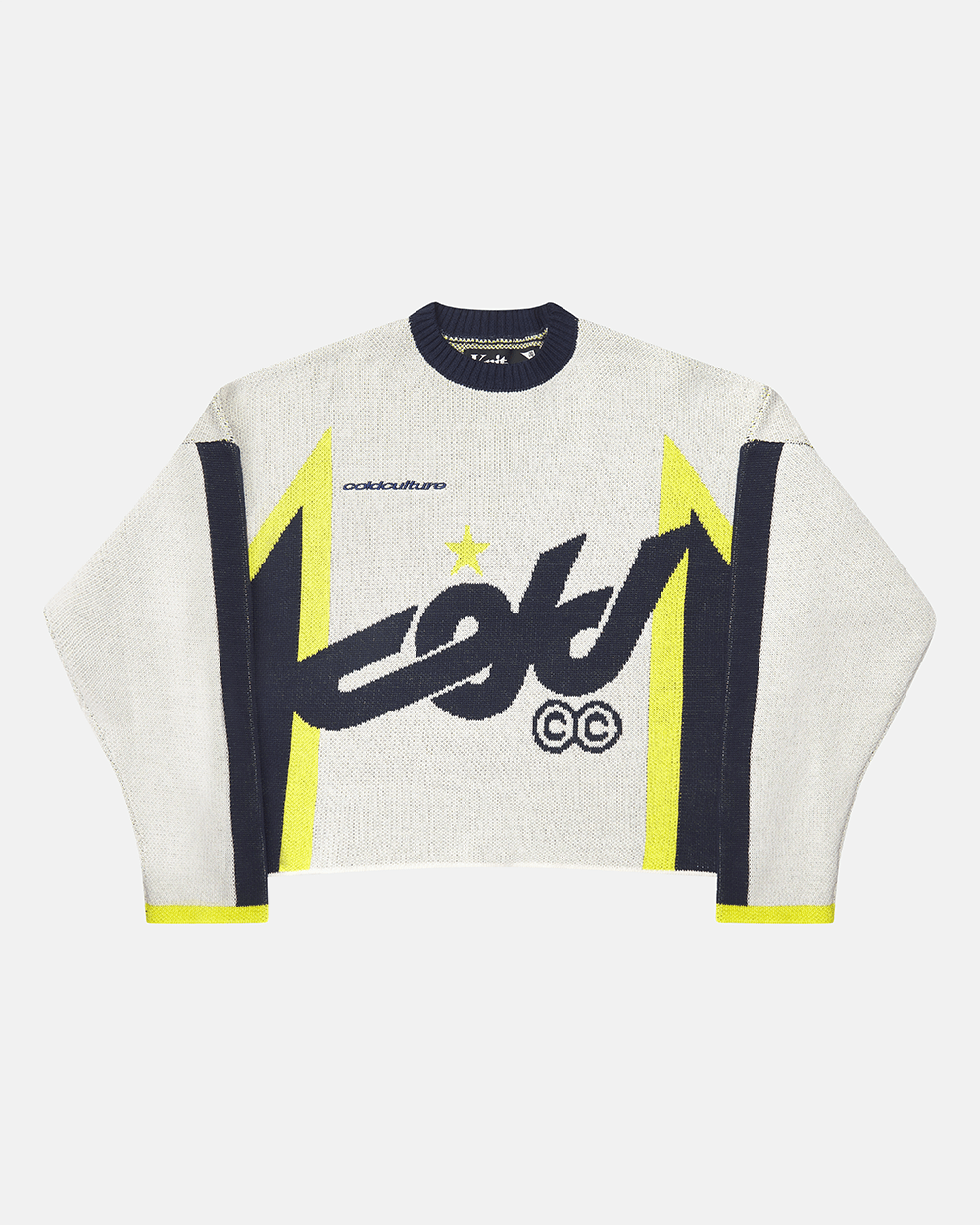 WINNER KNIT BEIGE, DARK BLUE & YELLOW - beige and navy knit sweater, front view - Cold Culture #packshot