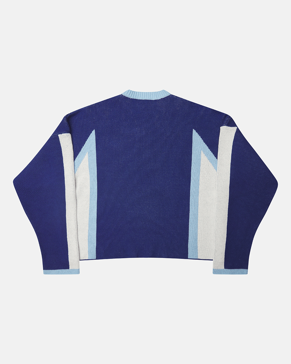 WINNER KNIT BLUE - blue and white knit sweater, back view - Cold Culture #packshot