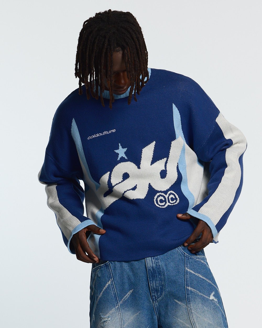 WINNER KNIT BLUE - blue and white knit sweater, front view on male model - Cold Culture #man