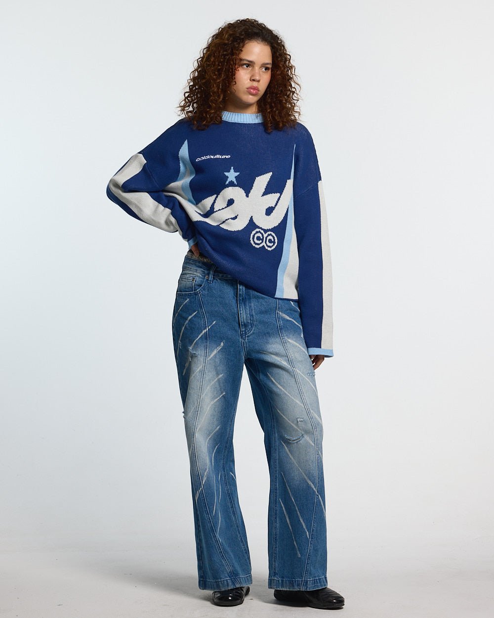 WINNER KNIT BLUE - blue and white knit sweater, front view on female model - Cold Culture #woman