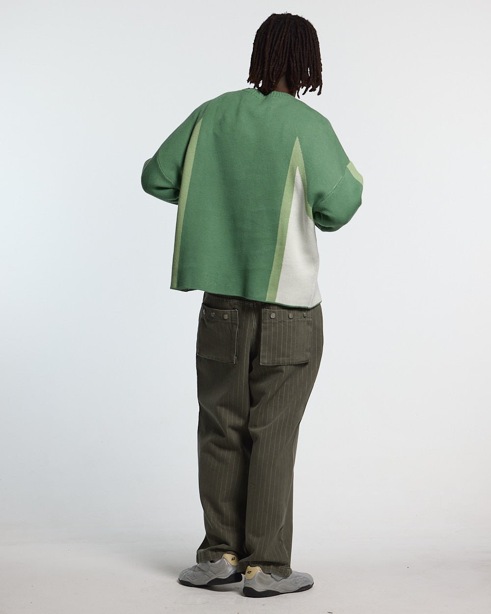 WINNER KNIT GREEN - green graphic knit sweater, back view on male model - Cold Culture #man