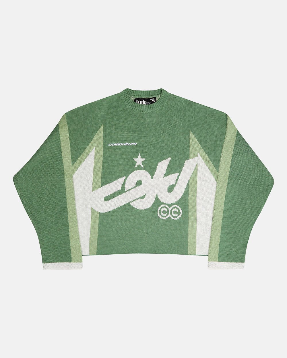 WINNER KNIT GREEN - green graphic knit sweater, front view - Cold Culture #packshot