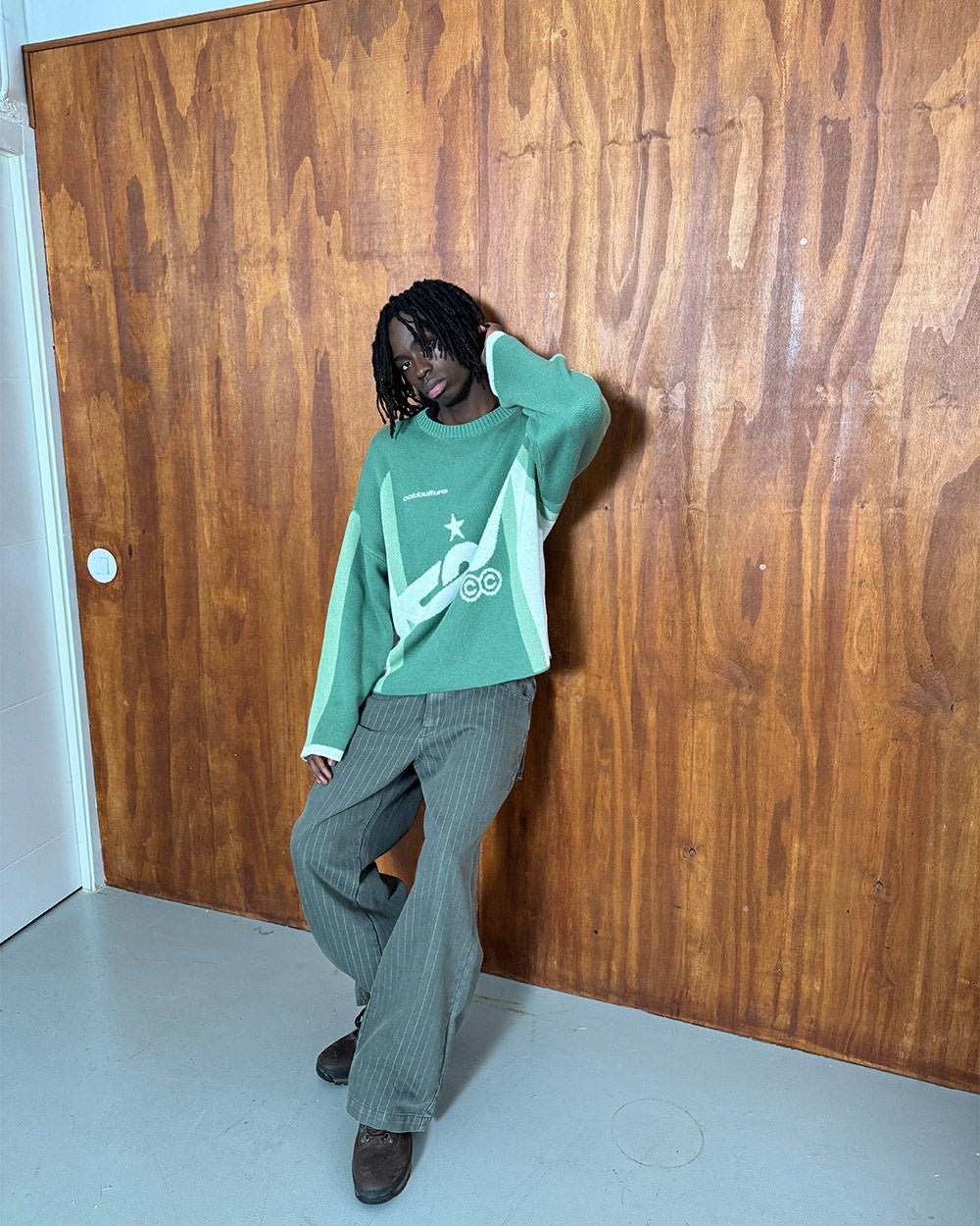 WINNER KNIT GREEN - green graphic knit sweater, street style shot - Cold Culture #woman