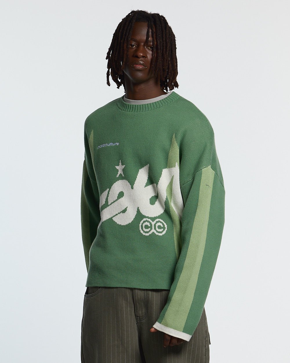 WINNER KNIT GREEN - green graphic knit sweater, front view on male model - Cold Culture #man