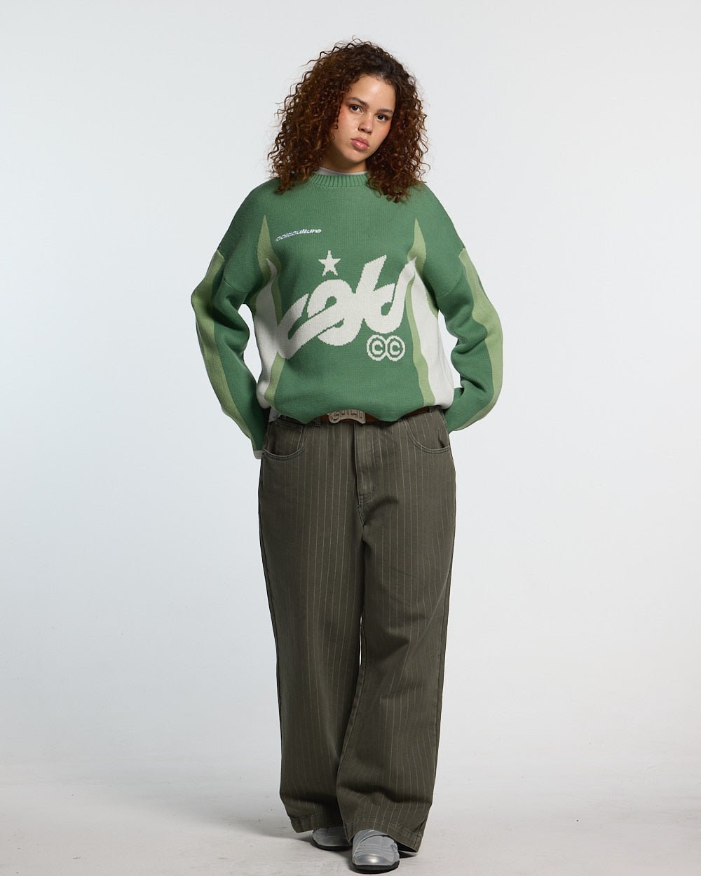 WINNER KNIT GREEN - green graphic knit sweater, front view on female model - Cold Culture #woman