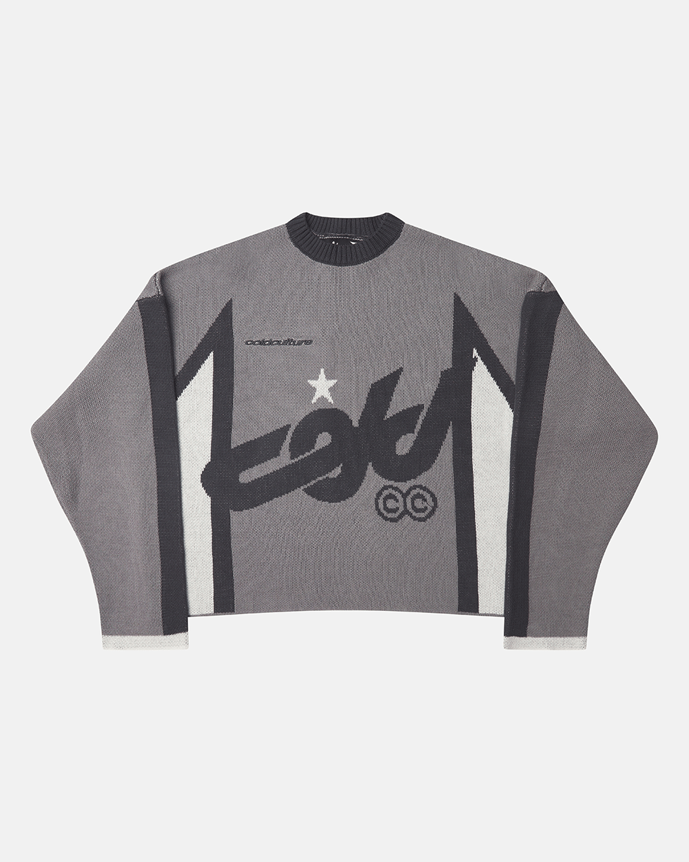 WINNER KNIT GREY, BLACK AND WHITE - grey and black knit sweater, front view - Cold Culture #packshot