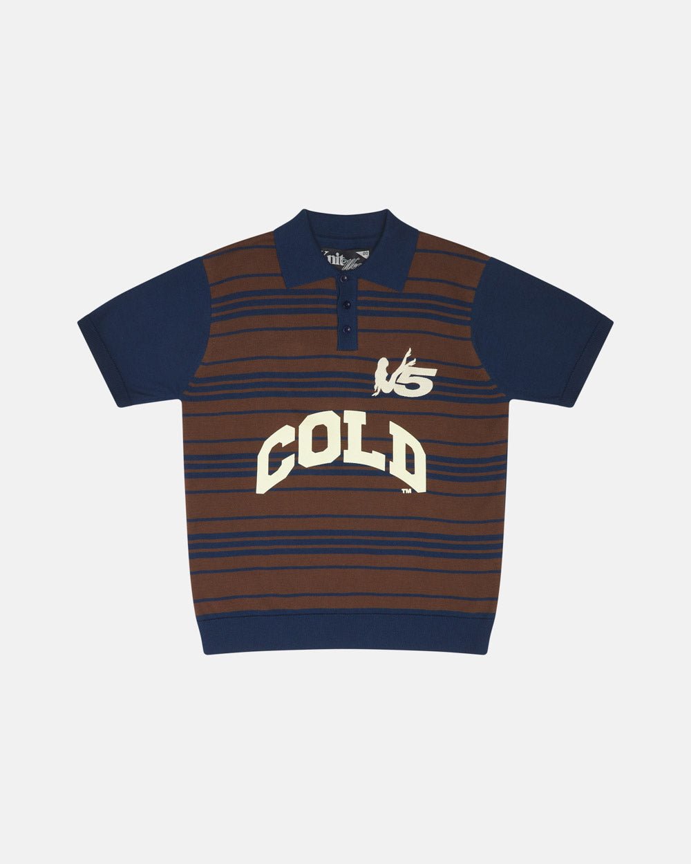 WINNERS V5 POLO BROWN AND BLUE - brown and blue striped knitted polo, front view - Cold Culture #packshot