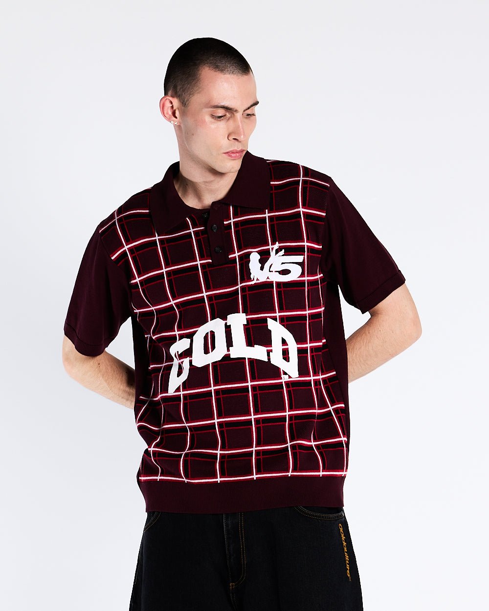 WINNERS V5 POLO RED TARTAN - red tartan knitted polo, front view on male model - Cold Culture #man