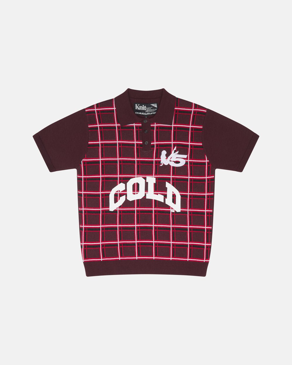 WINNERS V5 POLO RED TARTAN - red tartan knitted polo, front view - Cold Culture #packshot
