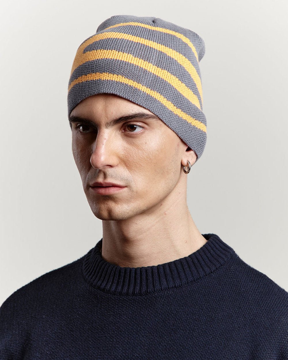 WORK BEANIE DUST GREY - grey striped knit beanie, front view on male model - Cold Culture #man