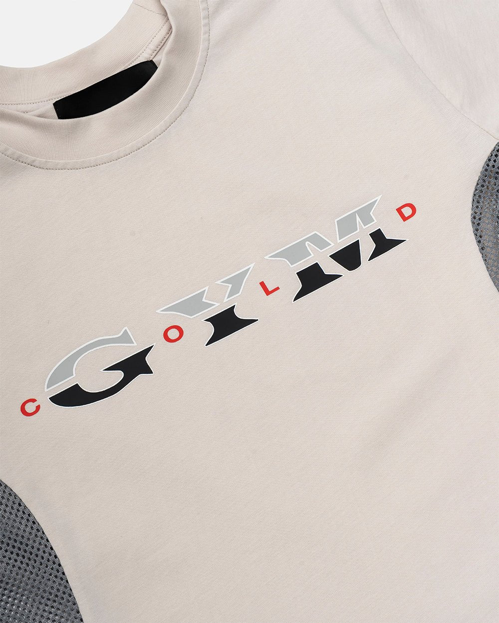 WORK HARD TEE WHITE - off-white mesh panel tee, detail close-up - Cold Culture