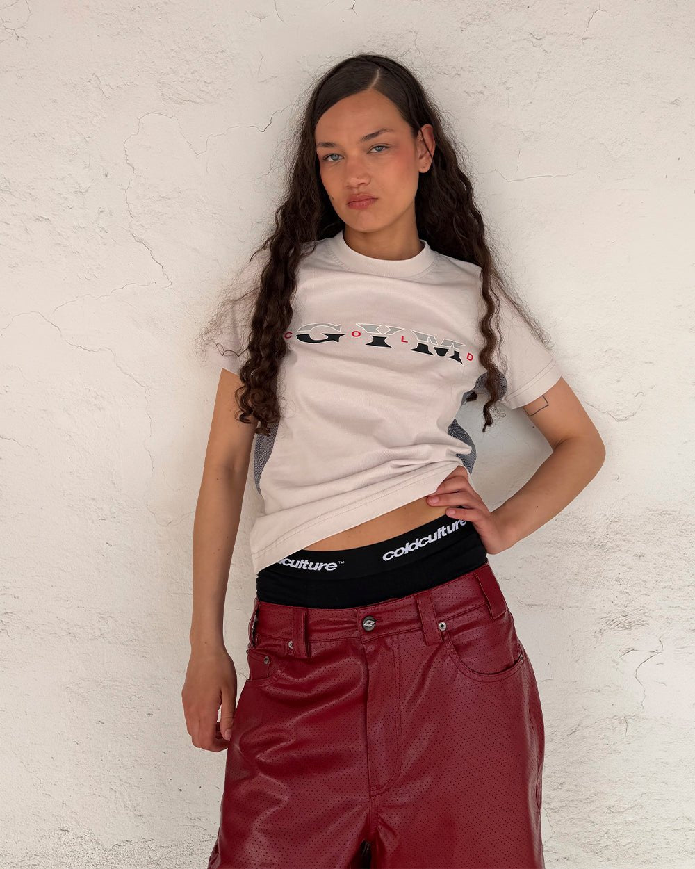 WORK HARD TEE WHITE - off-white mesh panel tee, front view on female model - Cold Culture #woman