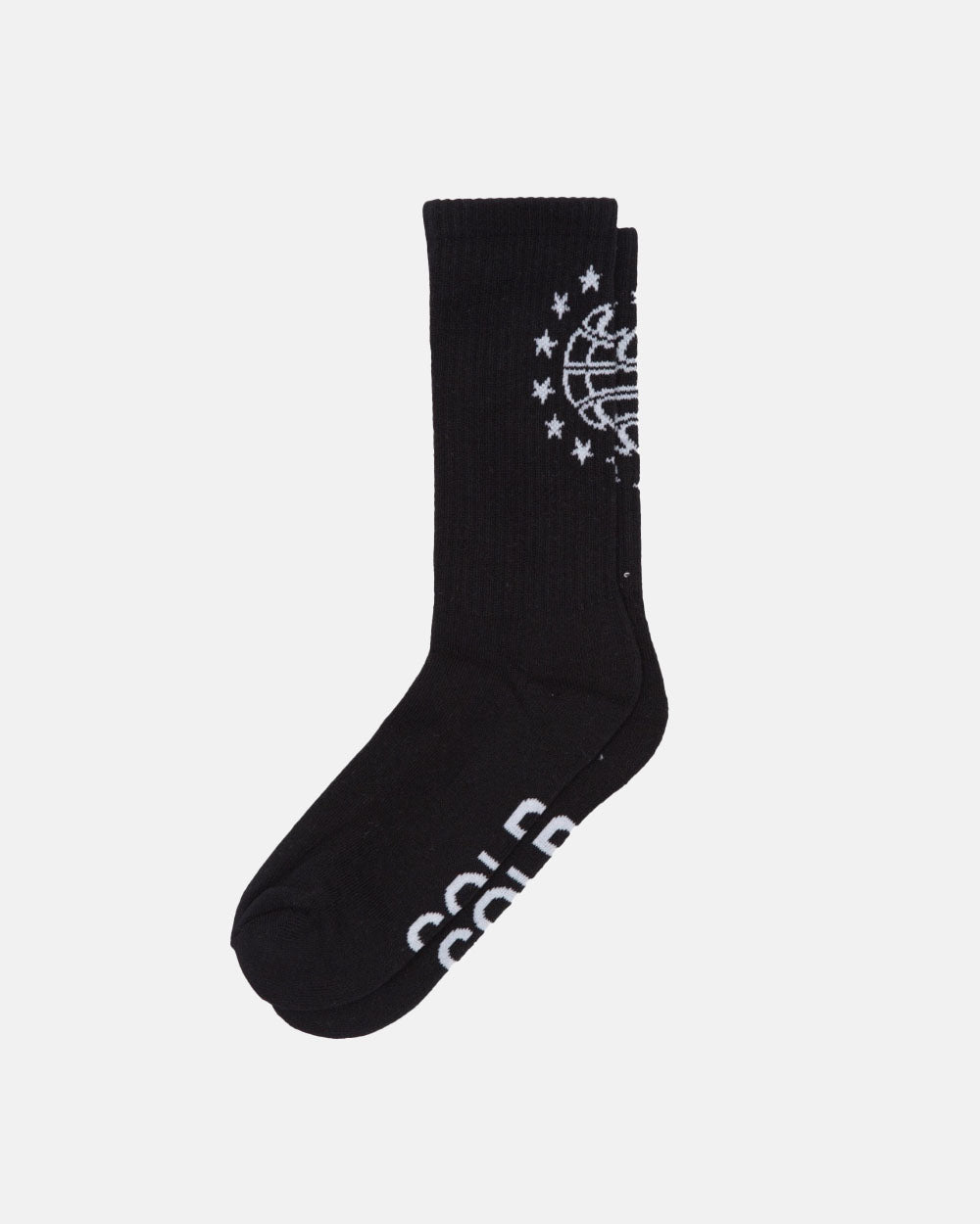 WORLD STARS SOCKS BLACK - black crew socks, flat lay - Cold Culture #packshot