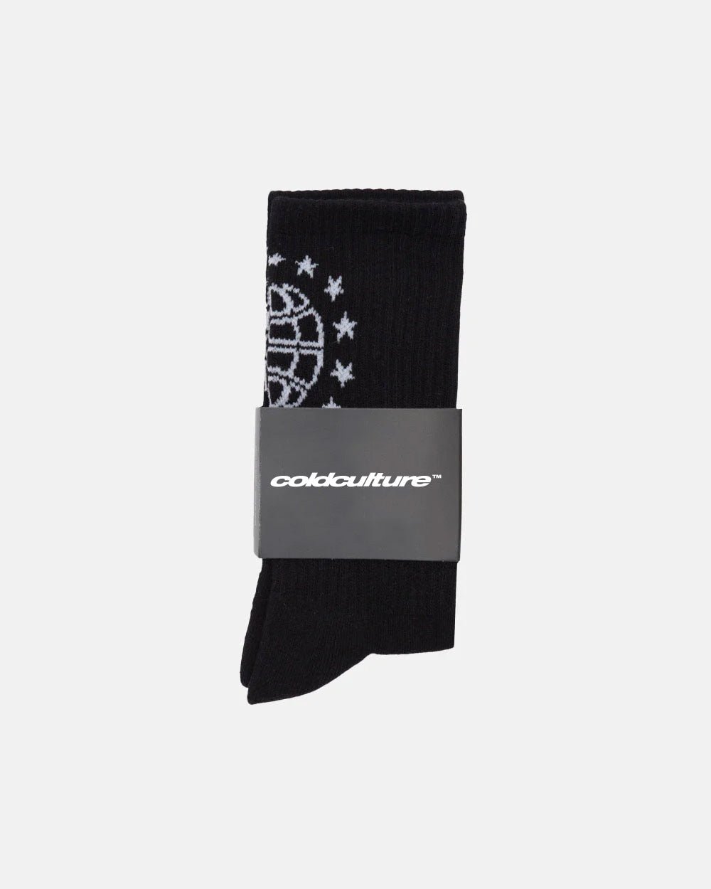 WORLD STARS SOCKS BLACK - black crew socks, flat lay - Cold Culture #packshot