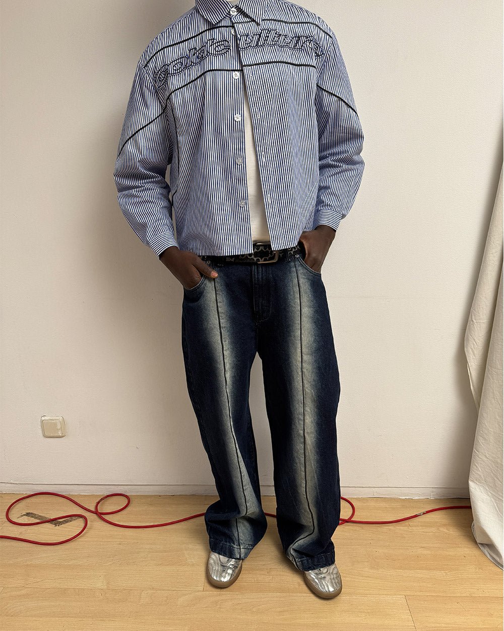 WORLDWIDE LONGSLEEVE SHIRT BLUE & WHITE - blue striped button-up shirt, front view on male model - Cold Culture