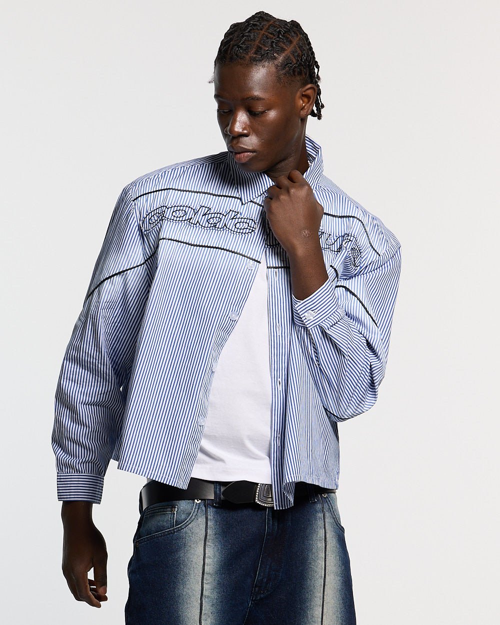 WORLDWIDE LONGSLEEVE SHIRT BLUE & WHITE - blue striped button-up shirt, front view on male model - Cold Culture #man