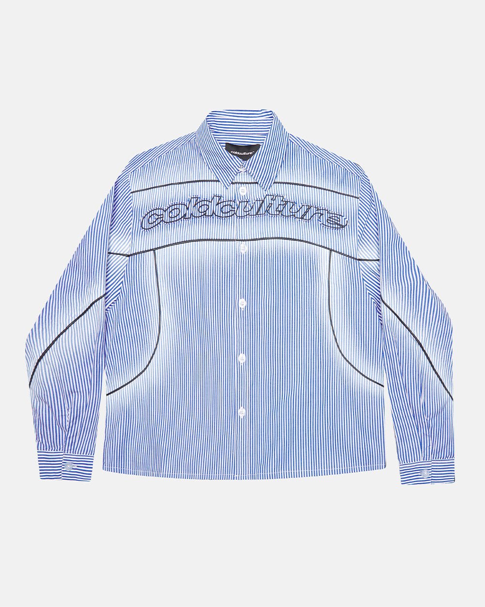 WORLDWIDE LONGSLEEVE SHIRT BLUE & WHITE - blue striped button-up shirt, front view - Cold Culture #packshot