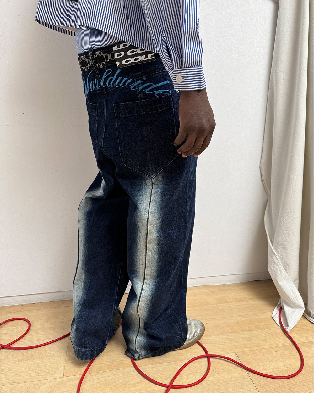 WORLDWIDE V2 PANTS DARK DENIM - dark denim baggy pants, worn detail - Cold Culture