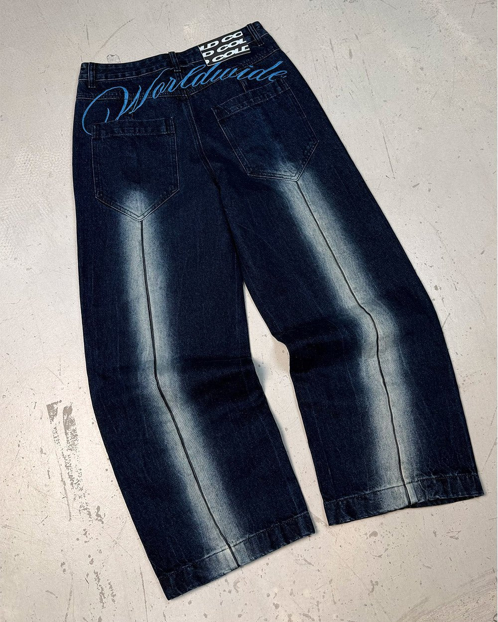 WORLDWIDE V2 PANTS DARK DENIM - dark denim baggy pants, flat lay - Cold Culture