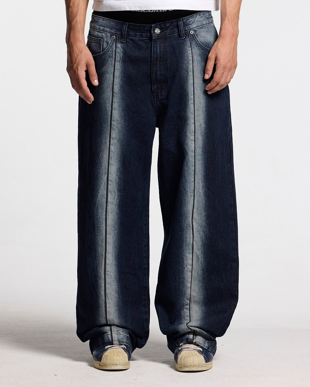 WORLDWIDE V2 PANTS DARK DENIM - dark denim baggy pants, front view on male model - Cold Culture