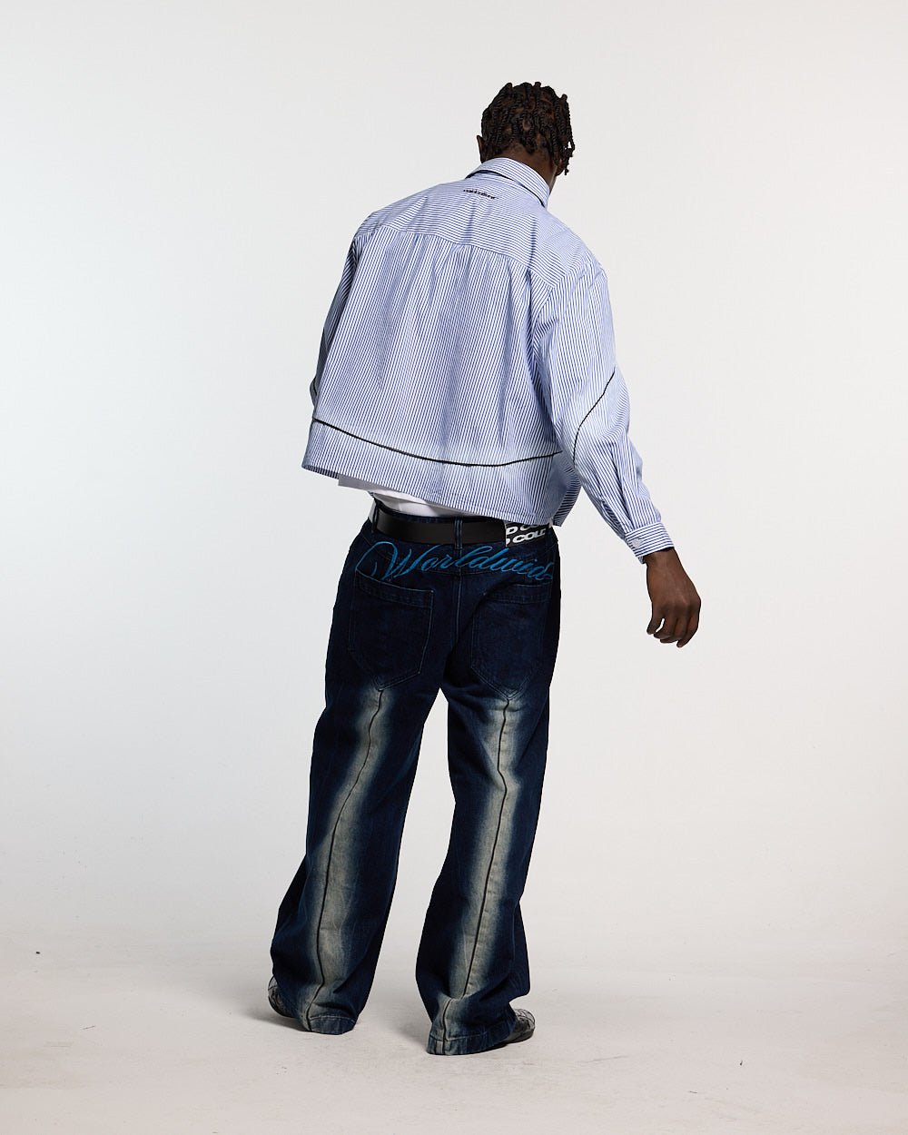 WORLDWIDE V2 PANTS DARK DENIM - dark denim baggy pants, back view on male model - Cold Culture #man