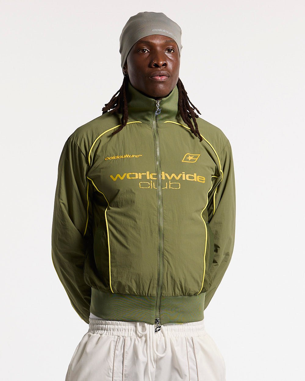 WW CLUB JACKET GREEN - olive green track jacket, front view on male model - Cold Culture #man