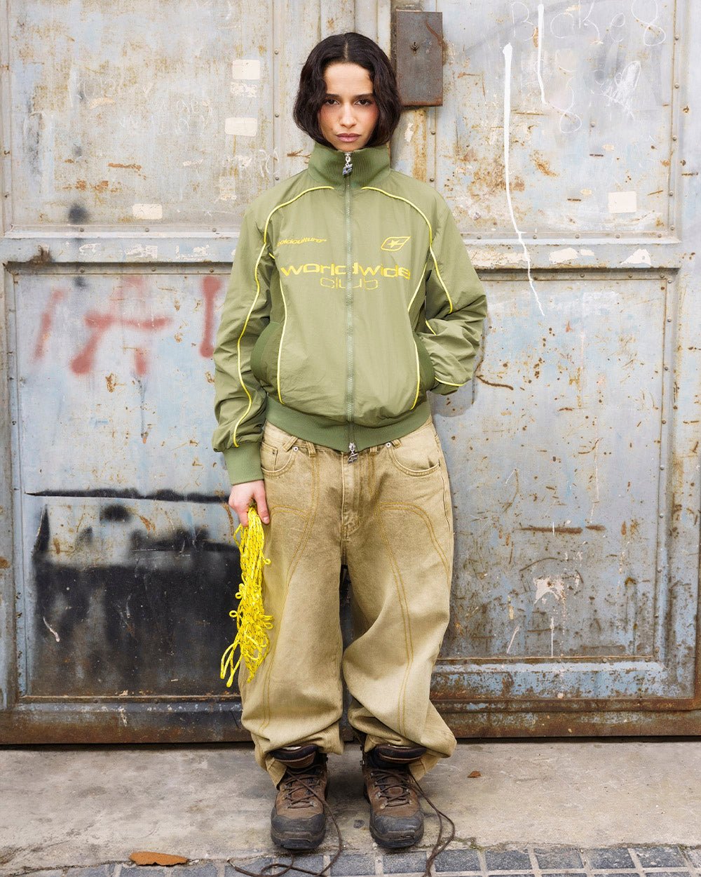 WW CLUB JACKET GREEN - olive green track jacket, street style shot - Cold Culture #woman