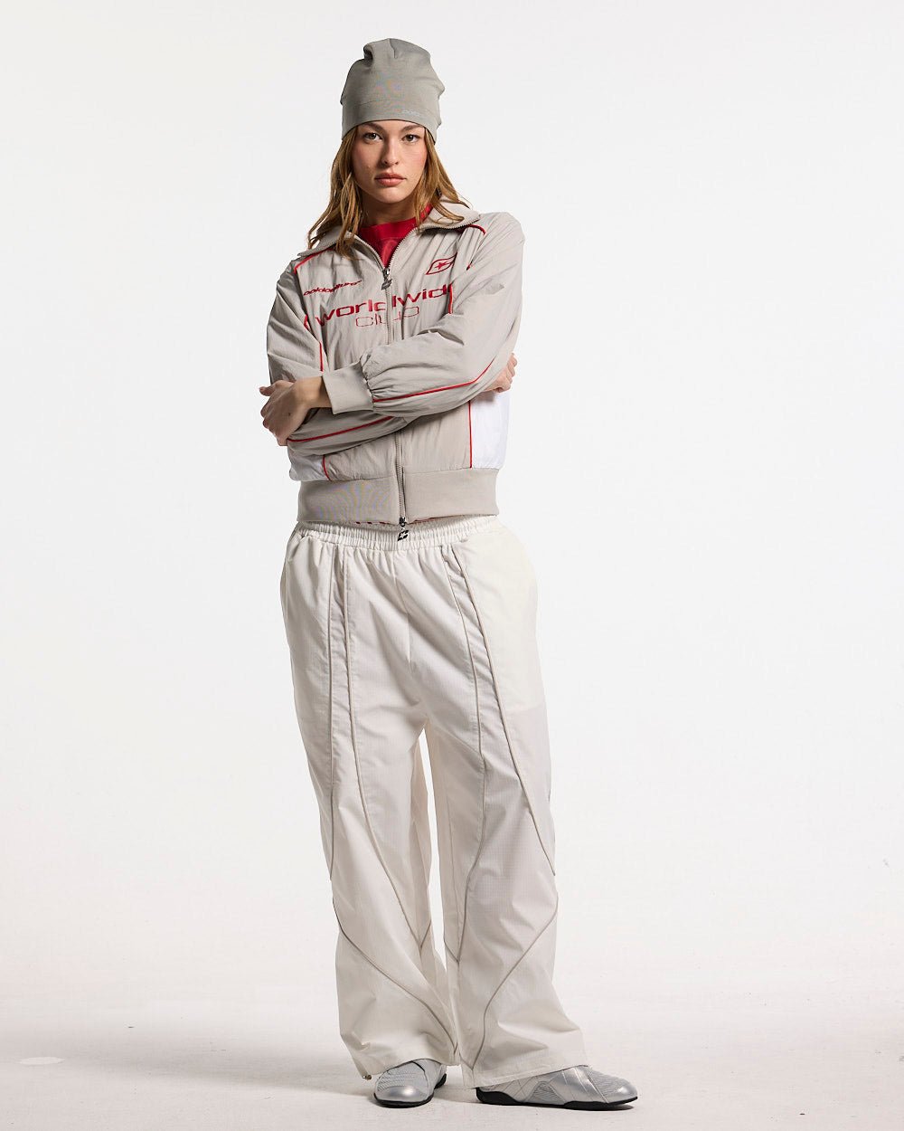 WW CLUB JACKET GREY - grey track jacket, front view on female model - Cold Culture #woman
