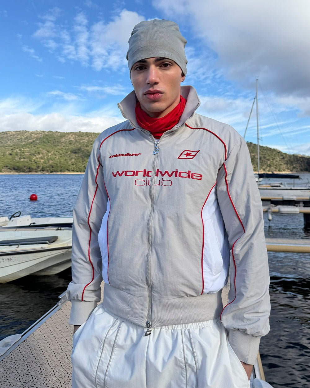 WW CLUB JACKET GREY - grey track jacket, street style shot - Cold Culture