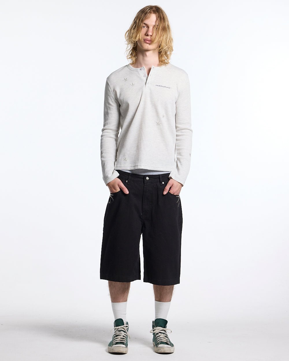 YESTERDAY LONGSLEEVE OFF WHITE - off-white waffle knit longsleeve tee, front view on male model - Cold Culture #man