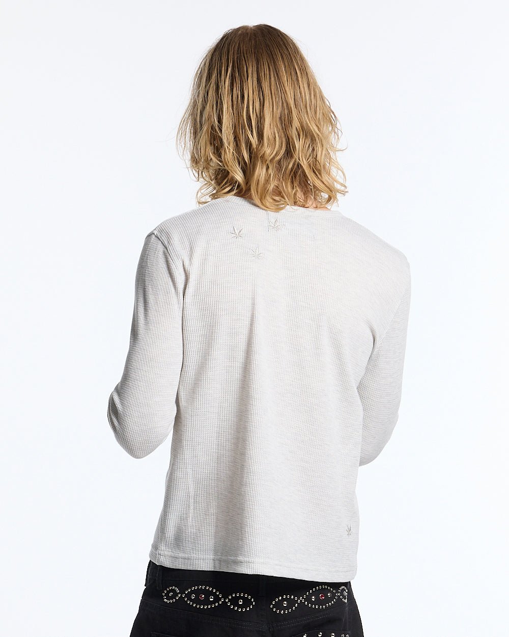 YESTERDAY LONGSLEEVE OFF WHITE - off-white waffle knit longsleeve tee, back view on male model - Cold Culture #man