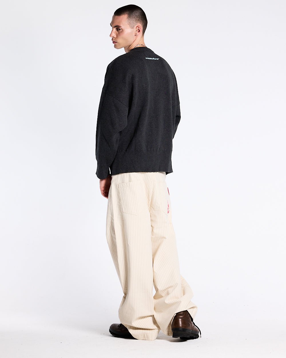 YURE KNIT DARK GREY - dark grey graphic knit sweater, back view on male model - Cold Culture #man