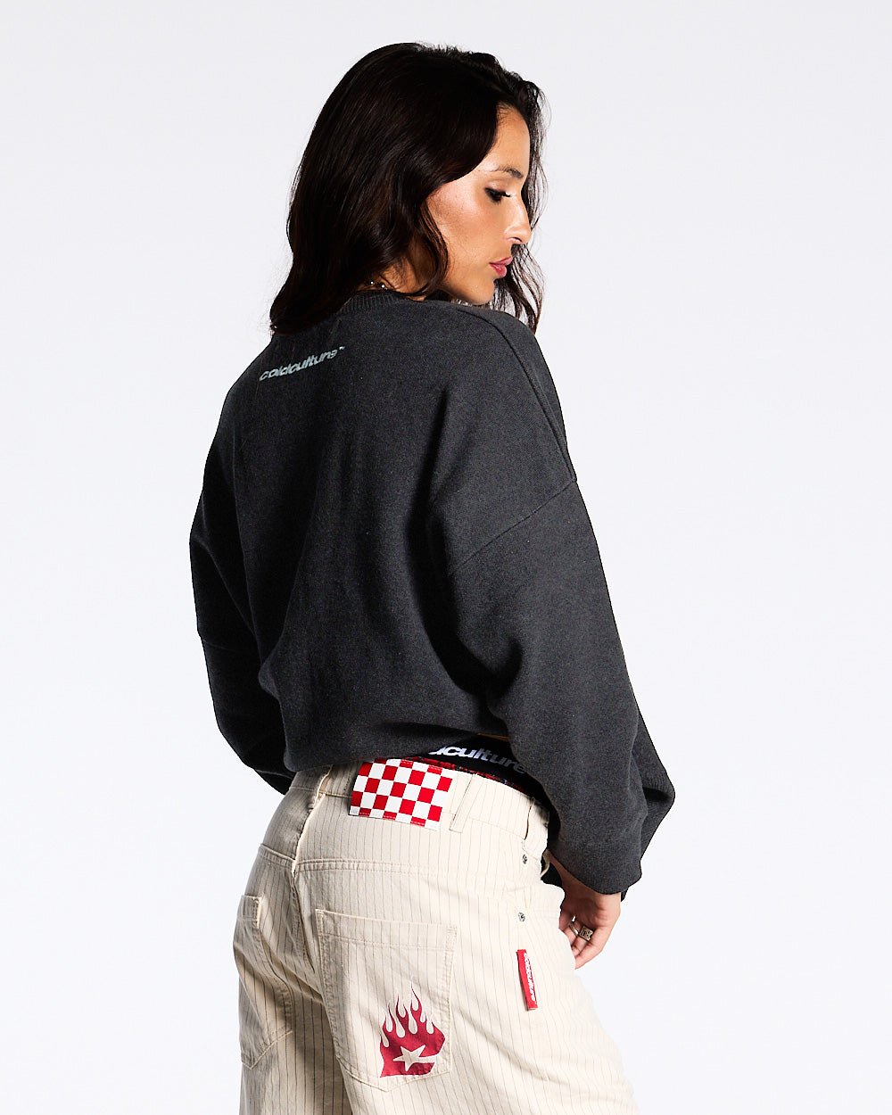 YURE KNIT DARK GREY - dark grey graphic knit sweater, back view on female model - Cold Culture #woman