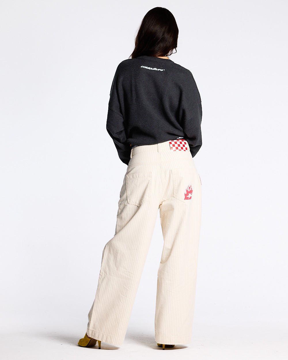 YURE KNIT DARK GREY - dark grey graphic knit sweater, back view on female model - Cold Culture #woman