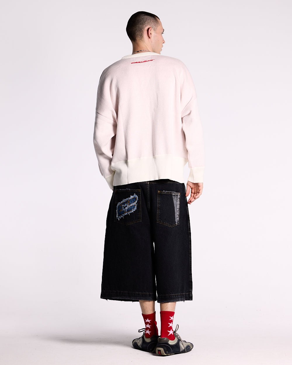 YURE KNIT OFF WHITE - off white graphic knit sweater, back view on male model - Cold Culture #man