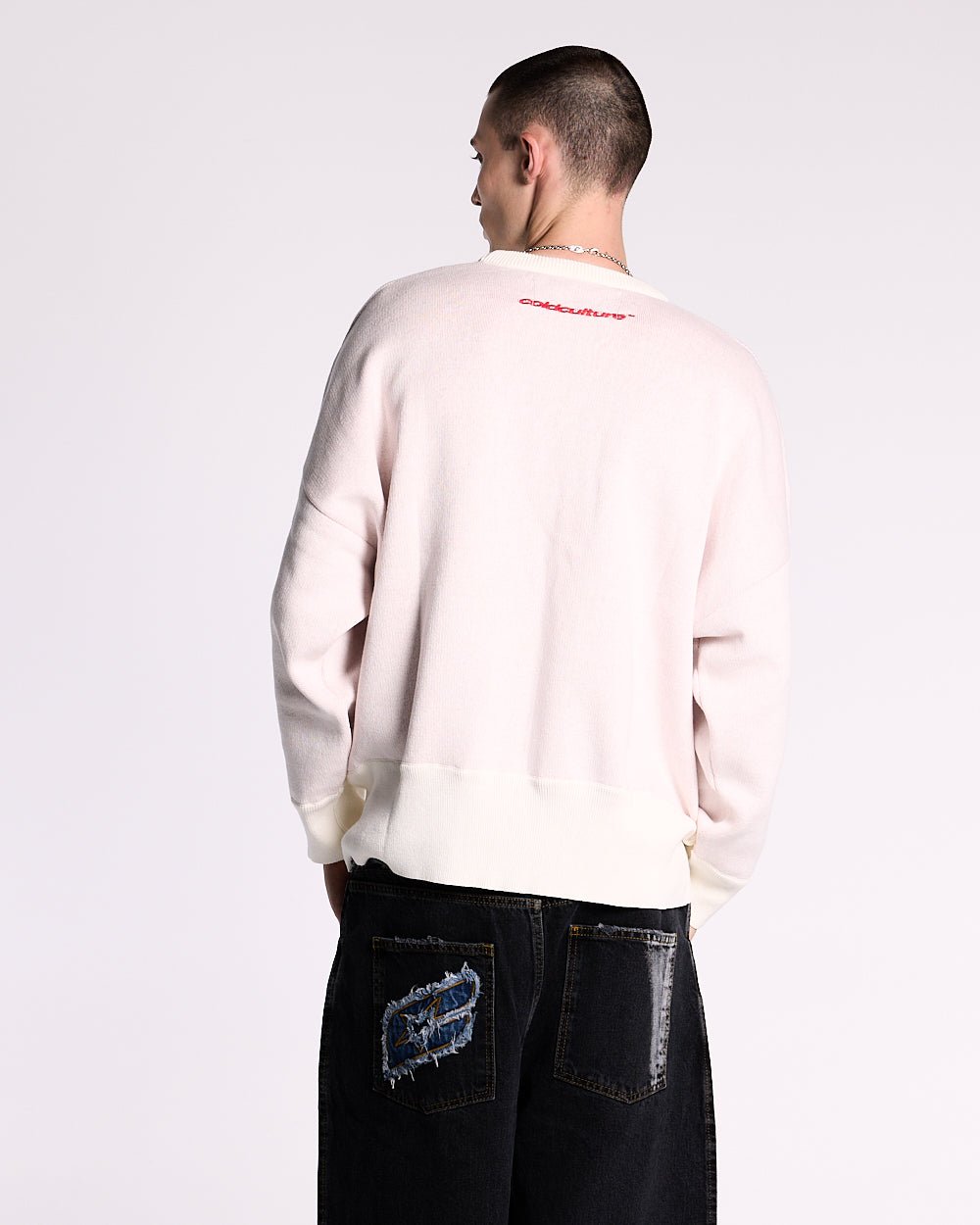 YURE KNIT OFF WHITE - off white graphic knit sweater, back view on male model - Cold Culture #man