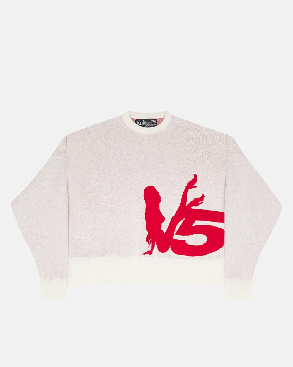 YURE KNIT OFF WHITE - off white graphic knit sweater, front view - Cold Culture #packshot