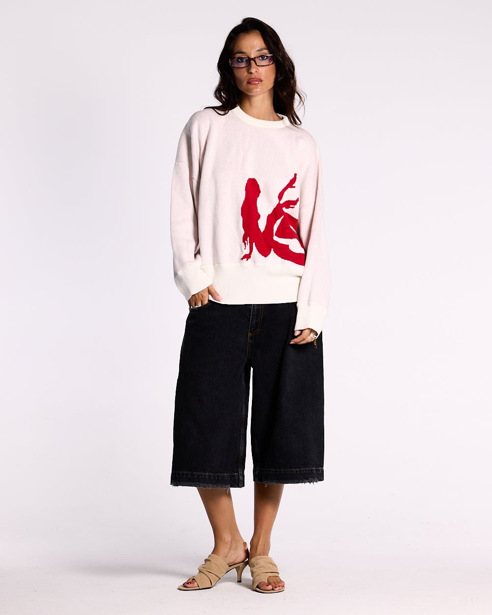 YURE KNIT OFF WHITE - off white graphic knit sweater, front view on female model - Cold Culture #woman