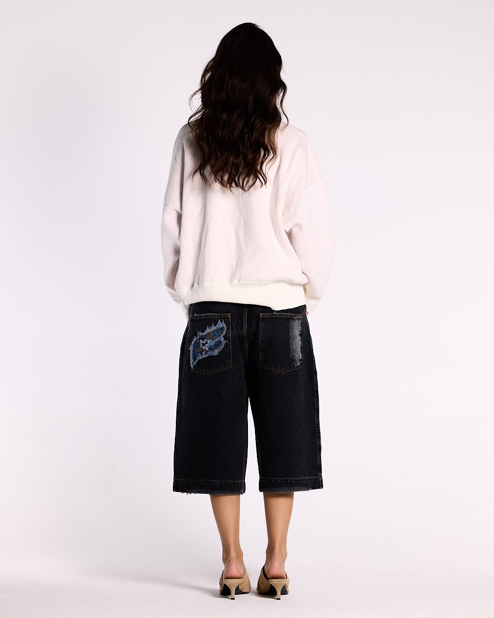 YURE KNIT OFF WHITE - off white graphic knit sweater, back view on female model - Cold Culture #woman