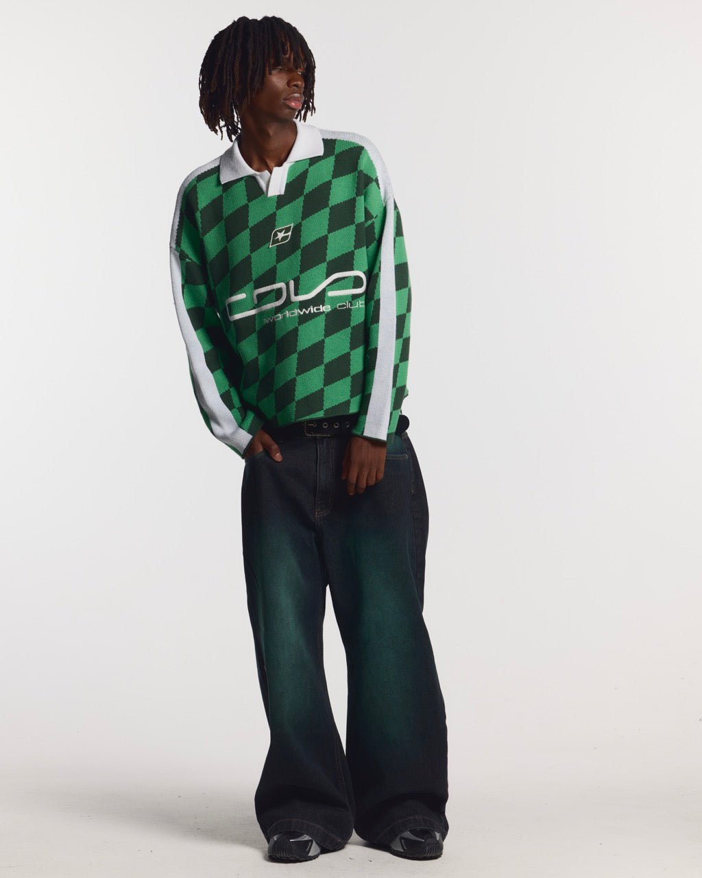 ZAGREB KNIT GREEN - green checkered knit sweater, front view on male model - Cold Culture #man