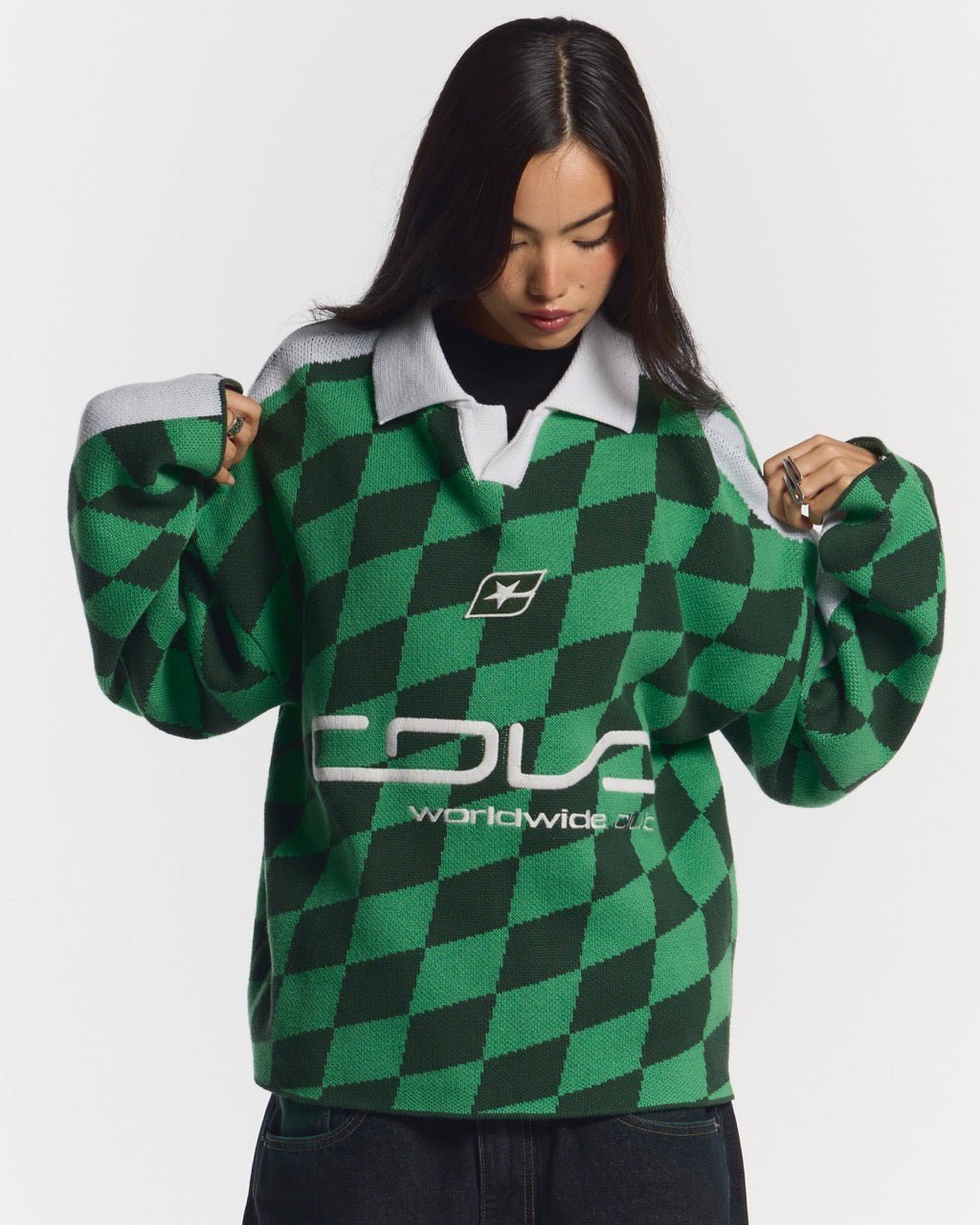 ZAGREB KNIT GREEN - green checkered knit sweater, front view on female model - Cold Culture #woman