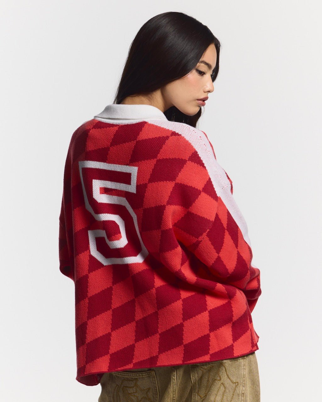 ZAGREB KNIT RED - red checkered knit sweater, back view on female model - Cold Culture #woman